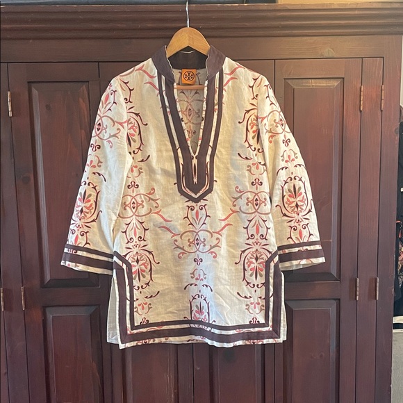 Tory Burch Gray Tunic with Pink Embroidery - Picture 1 of 8